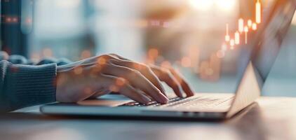 Hands typing on a laptop keyboard with financial charts overlay, representing business analysis and stock market trends. photo