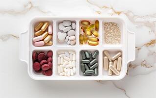 A variety of supplements and vitamins organized in a white tray on a marble background, showcasing different shapes and colors. photo