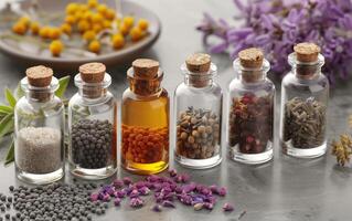 Small glass bottles filled with various colorful spices and herbs, arranged on a table with flowers and other decorative elements. photo