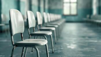 A row of empty chairs in a dimly lit, abandoned room with a single window, creating a sense of solitude and neglect. photo