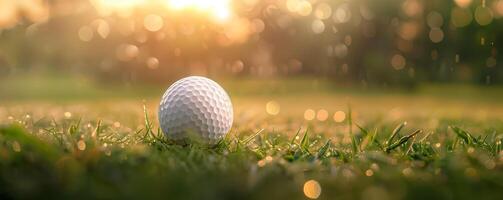 Close-up shot of a golf ball on green grass, illuminated by golden sunlight, creating a serene, early morning atmosphere on a golf course. photo
