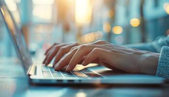 Hands typing on a laptop keyboard in a brightly lit room with a blurred background, representing work, technology, and productivity. photo