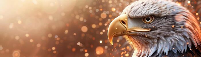 Close-up of a majestic bald eagle with detailed feathers, set against a blurred golden background with sparkling bokeh effects. photo