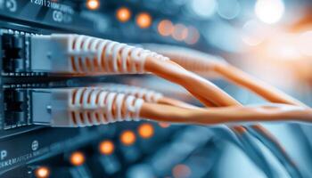 Close-up of network cables connected to a data center switch, representing high-speed internet connectivity and modern technology. photo