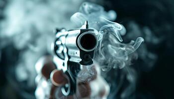 Close-up view of a handgun with smoke around the barrel, emphasizing its power and intensity in a dramatic scene. photo