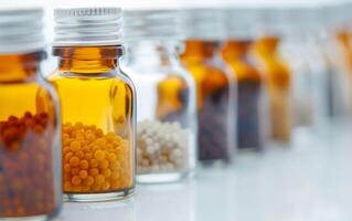 Close-up of small glass bottles filled with colorful granules, neatly lined up on a reflective surface, showcasing a lab or medical setting. photo