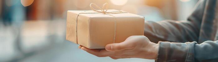 Close-up of hands holding a gift box wrapped in brown paper and tied with twine string, featuring a soft, warm background light. photo