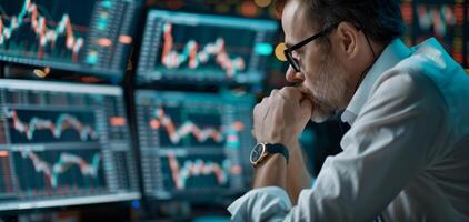Businessman analyzing stock market trends on multiple computer screens, focusing intently on financial data and graphs for making investment decisions. photo