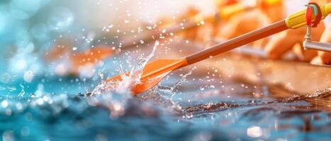 Close-up of orange paddle striking water during a rowing competition, with splashes and blurred background. photo