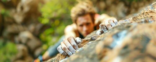 A determined rock climber scales a challenging outdoor cliff, focusing on the next handhold during a sunny day. photo