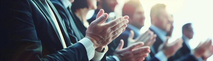 Business professionals clapping during a conference or event, showcasing appreciation and support in a corporate setting. photo