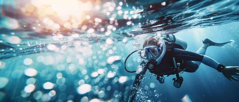 A scuba diver exploring the underwater world with sunlight filtering through the water, creating a serene and adventurous scene. photo