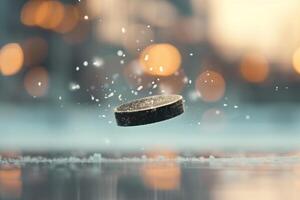 Close-up of a hockey puck in mid-air on ice, with bokeh background. Snowflakes add an action element to the scene. photo