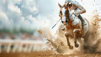 Dynamic action shot of jockey riding a horse at full speed during a thrilling race, with a blurred background highlighting the motion. photo
