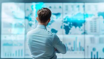 Back view of a professional analyzing global data and statistics on multiple screens in a modern office environment. photo