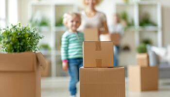 Family moving into new home with cardboard boxes. Excited child and parents unpacking and decorating. Relocation and new beginnings concept. photo