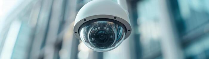 Close-up of a modern security camera with a blurred background of buildings, showcasing surveillance and safety technology. photo