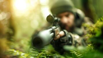 Sniper aiming through rifle scope in a forest during a hunting expedition, soft sunlight in the background, green foliage in focus. photo