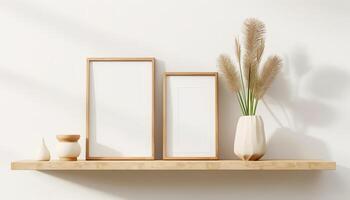 Minimalist shelf decor with empty wooden frames, dried pampas grass in a vase, and small ceramic items on a light background. photo