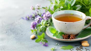 Cup of herbal tea surrounded by fresh herbs and flowers on a gray background, perfect for a peaceful and calming atmosphere. photo