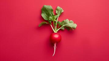 Fresh radish with green leaves on a vibrant red background. Perfect for health, nutrition, and farm-to-table themes. photo
