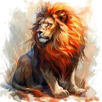 a lion sitting on the ground with a red mane photo