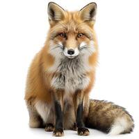 a red fox sitting down on a white background photo