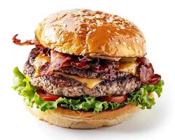 A large hamburger with bacon, lettuce, and cheese photo