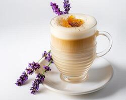 A latte with a flower on top photo