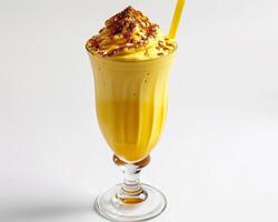 a smoothie with a straw and a yellow liquid photo