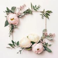 Square empty frame with peonies flowers and eucalyptus twigs photo