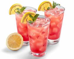 three glasses of pink drink with lemon slices photo
