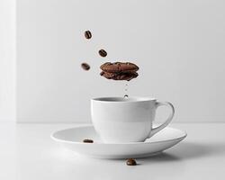 coffee beans falling from a cup on a white table photo