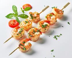 shrimp skewers with herbs and tomatoes photo