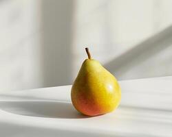 a pear sitting on a table in front of a window photo