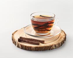 a cup of tea on a wooden slice with a stick photo