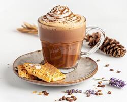 a cup of hot chocolate with whipped cream and a waffle photo