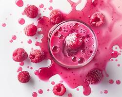 raspberry smoothie with pink liquid and raspberries photo