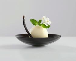 Vanilla ice cream with flowers in a bowl photo