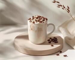 A cup of coffee with whipped cream and coffee beans photo