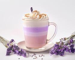 lavender and coffee with whipped cream and lavender flowers on white background photo