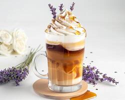 Lavender and Vanilla Latte with Whipped Cream and Caramel on a Wooden Board photo