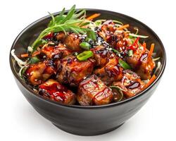 A Bowl of Tofu with Vegetables and Sauce photo