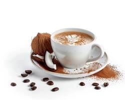 a cup of coffee with coconut and cocoa powder photo