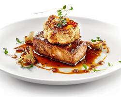 a plate of food with sauce and garnish photo