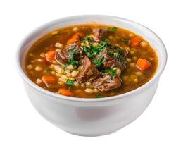 a bowl of beef and barley soup with carrots and parsley photo