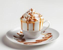 a white plate with a cup of coffee and a caramel sauce photo
