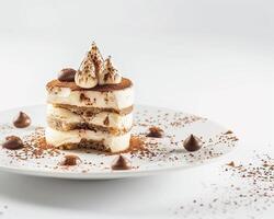 a dessert on a white plate with chocolate and nuts photo