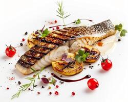 grilled fish with herbs and tomatoes on white background photo