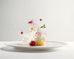 a dessert on a plate with a raspberry and a sprinkle photo